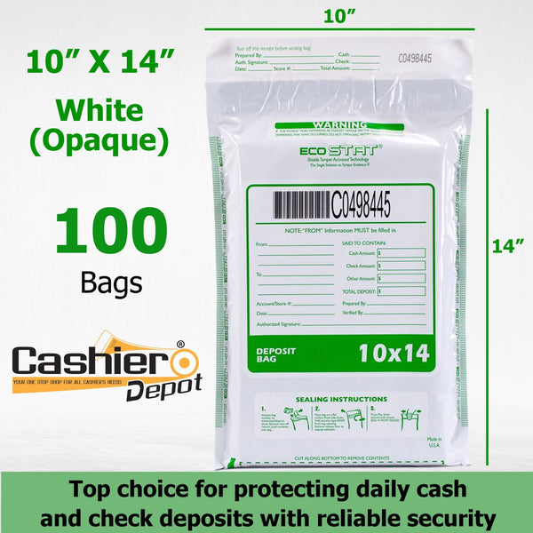10" x 14" Opaque White Tamper Evident Deposit Bags – Perforated Tear - Off Receipt, Detailed Printed Form, Serialized Numbering, Barcode, Press & Seal VOID Closure Tape (CAS1014W) - Cashier Depot