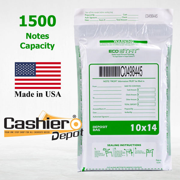 10" x 14" Opaque White Tamper Evident Deposit Bags – Perforated Tear - Off Receipt, Detailed Printed Form, Serialized Numbering, Barcode, Press & Seal VOID Closure Tape (CAS1014W) - Cashier Depot