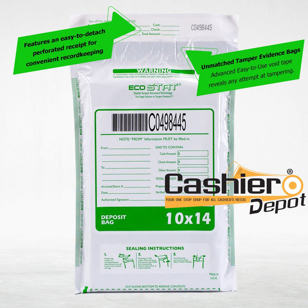 10" x 14" Opaque White Tamper Evident Deposit Bags – Perforated Tear - Off Receipt, Detailed Printed Form, Serialized Numbering, Barcode, Press & Seal VOID Closure Tape (CAS1014W) - Cashier Depot