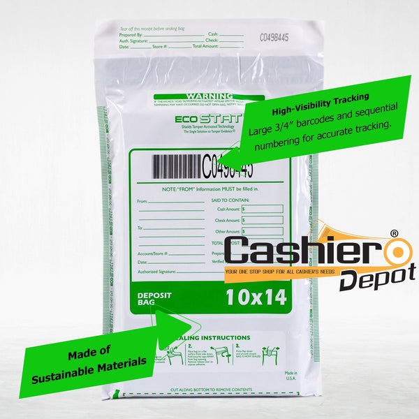 10" x 14" Opaque White Tamper Evident Deposit Bags – Perforated Tear - Off Receipt, Detailed Printed Form, Serialized Numbering, Barcode, Press & Seal VOID Closure Tape (CAS1014W) - Cashier Depot