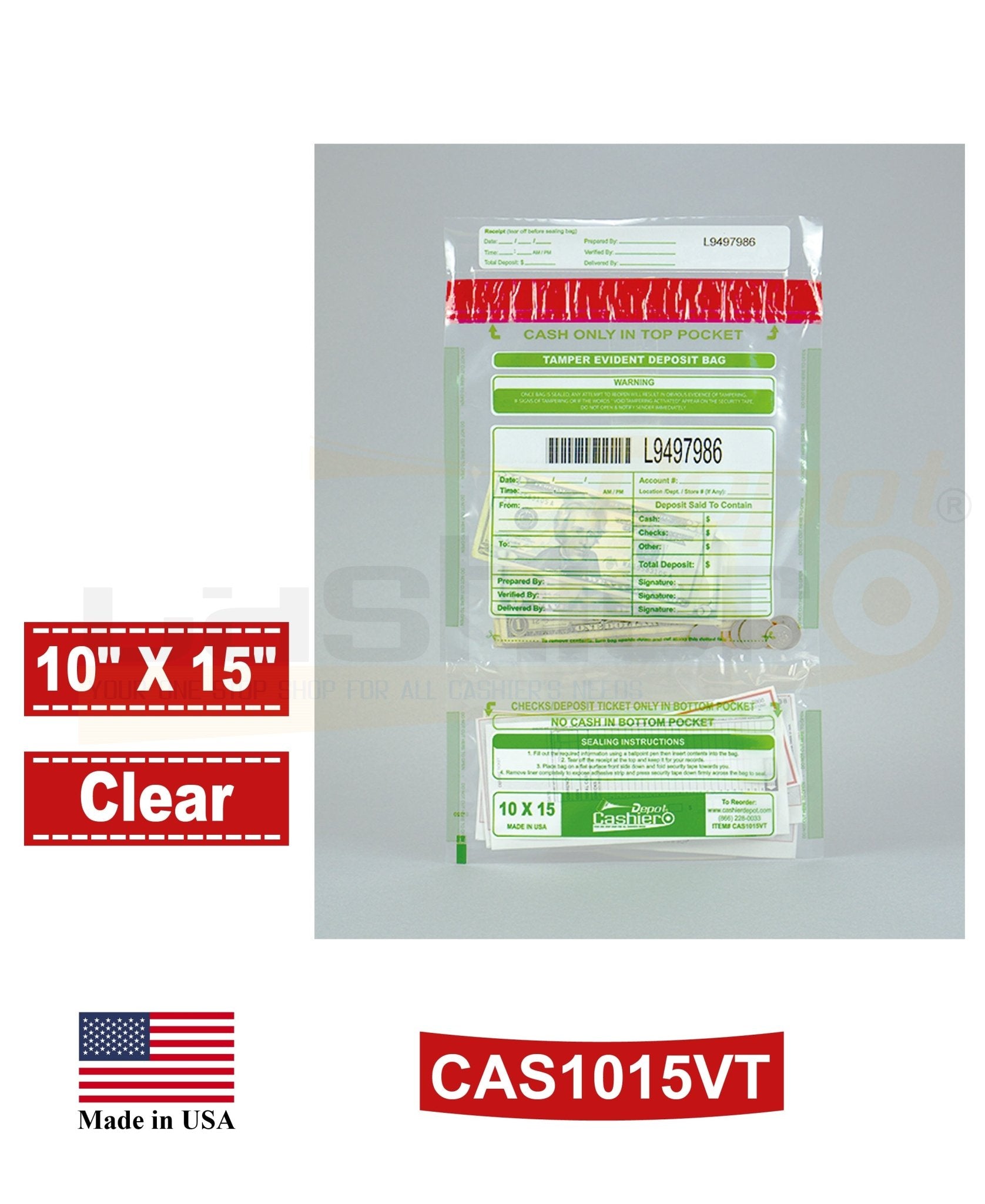 10" x 15" Clear Tamper Evident Deposit Bags – Twin Pockets, Serialized Numbering, Barcode, Press & Seal VOID Closure Tape (CAS1015VT) - Cashier Depot