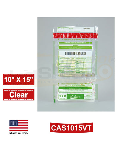 10" x 15" Clear Tamper Evident Deposit Bags – Twin Pockets, Serialized Numbering, Barcode, Press & Seal VOID Closure Tape (CAS1015VT) - Cashier Depot