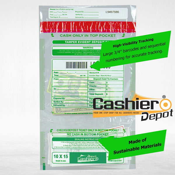 10" x 15" Clear Tamper Evident Deposit Bags – Twin Pockets, Serialized Numbering, Barcode, Press & Seal VOID Closure Tape (CAS1015VT) - Cashier Depot