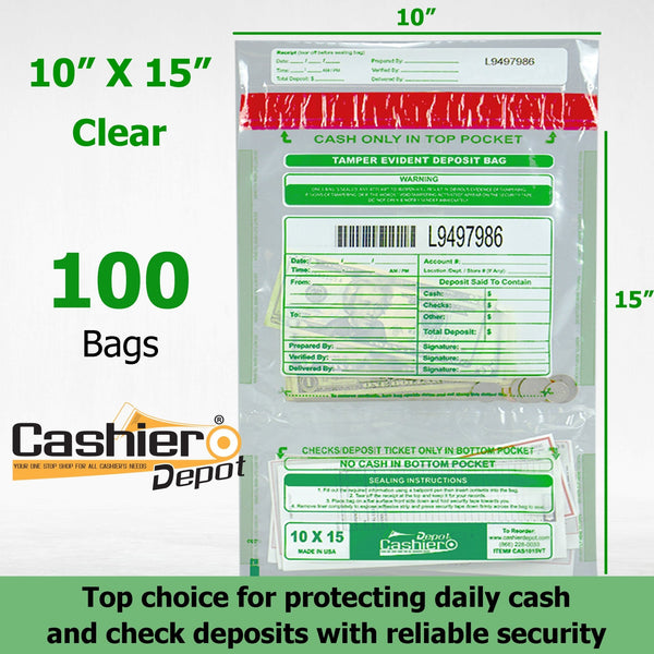 10" x 15" Clear Tamper Evident Deposit Bags – Twin Pockets, Serialized Numbering, Barcode, Press & Seal VOID Closure Tape (CAS1015VT) - Cashier Depot