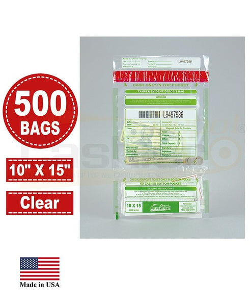 10" x 15" Clear Tamper Evident Deposit Bags – Twin Pockets, Serialized Numbering, Barcode, Press & Seal VOID Closure Tape (CAS1015VT) - Cashier Depot