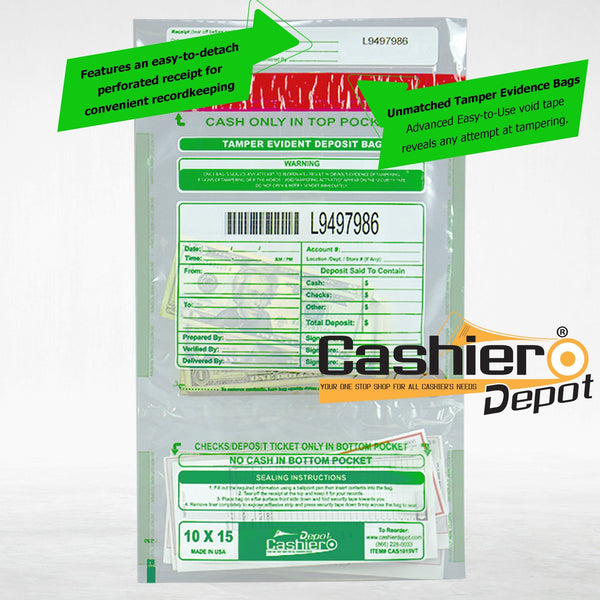 10" x 15" Clear Tamper Evident Deposit Bags – Twin Pockets, Serialized Numbering, Barcode, Press & Seal VOID Closure Tape (CAS1015VT) - Cashier Depot