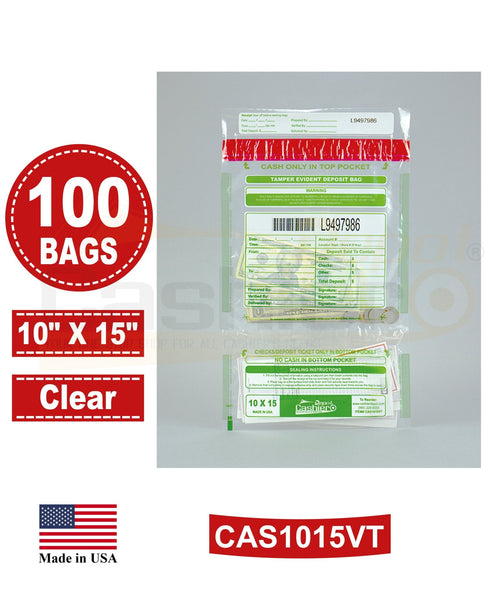 10" x 15" Clear Tamper Evident Deposit Bags – Twin Pockets, Serialized Numbering, Barcode, Press & Seal VOID Closure Tape (CAS1015VT) - Cashier Depot