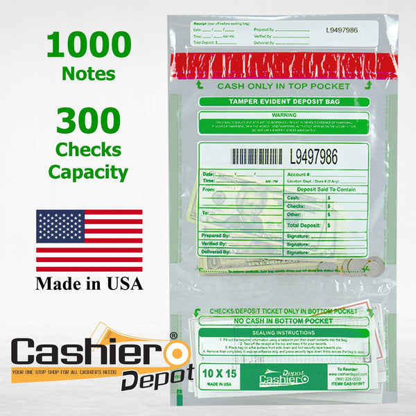 10" x 15" Clear Tamper Evident Deposit Bags – Twin Pockets, Serialized Numbering, Barcode, Press & Seal VOID Closure Tape (CAS1015VT) - Cashier Depot