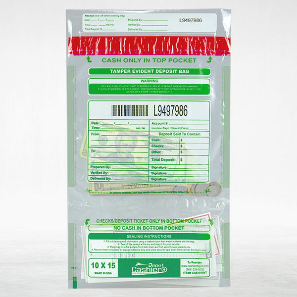 10" x 15" Clear Tamper Evident Deposit Bags – Twin Pockets, Serialized Numbering, Barcode, Press & Seal VOID Closure Tape (CAS1015VT) - Cashier Depot