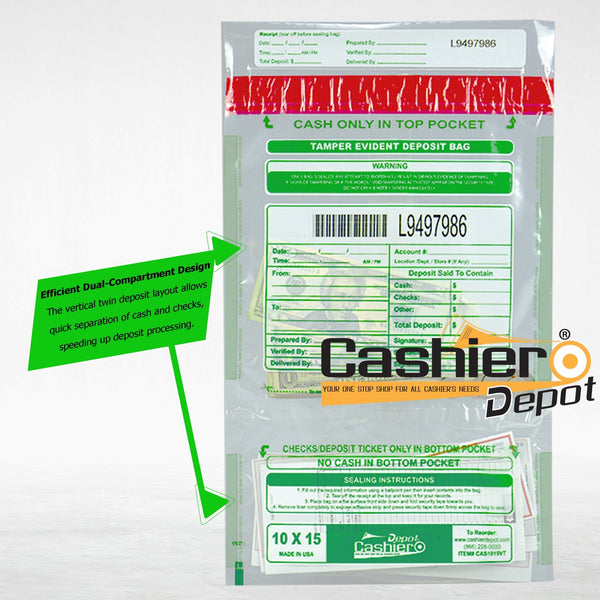 10" x 15" Clear Tamper Evident Deposit Bags – Twin Pockets, Serialized Numbering, Barcode, Press & Seal VOID Closure Tape (CAS1015VT) - Cashier Depot