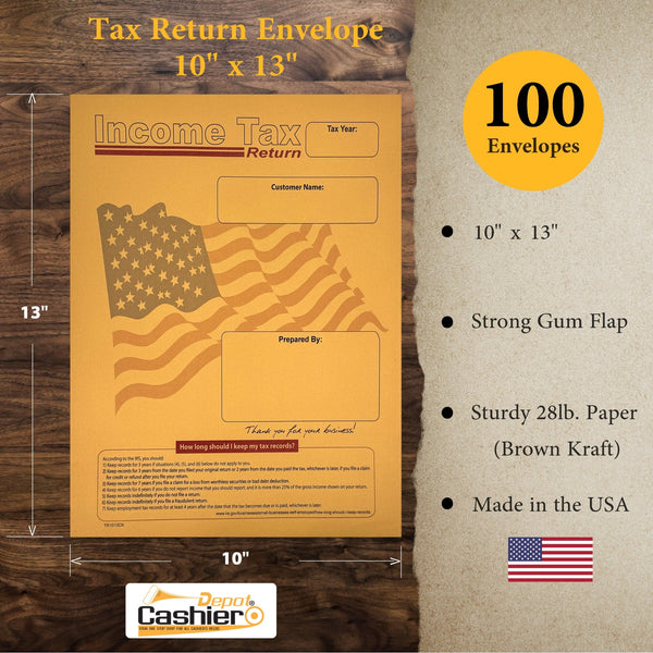 100 Income Tax Return Envelope for Customers, 10" x 13" American Flag Design, Sturdy 28lb. Brown Kraft, 100 Envelopes - Cashier Depot