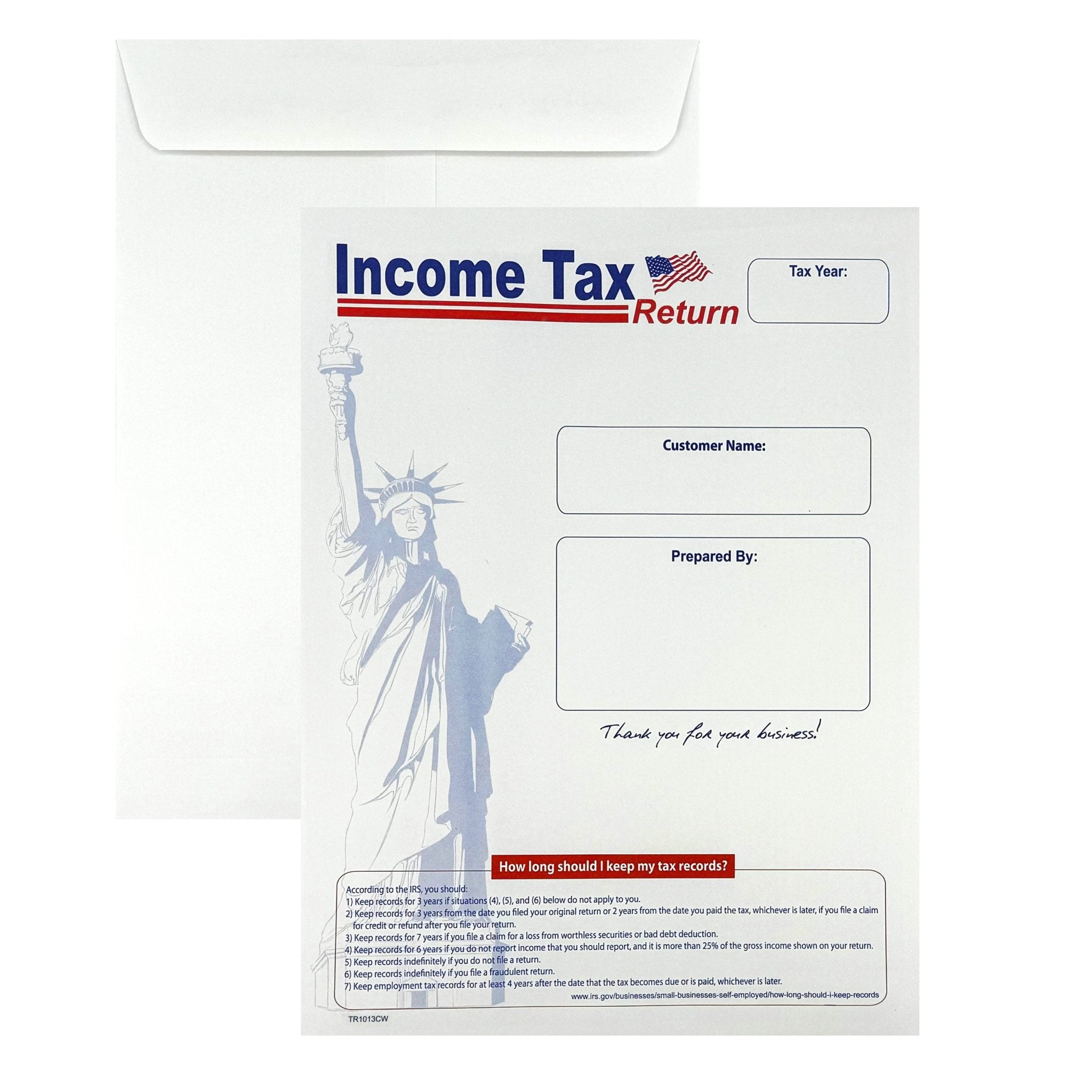 100 Income Tax Return Envelope for Customers, 10" x 13" Statue of Liberty Design, Sturdy 28lb. White Paper, 100 Envelopes - Cashier Depot