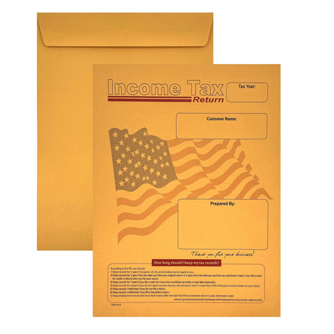 100 Income Tax Return Envelope for Customers, 9" x 12" American Flag Design, Sturdy 28lb. Brown Kraft, 100 Envelopes - Cashier Depot