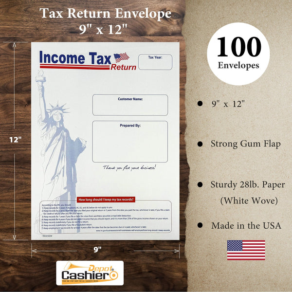 100 Income Tax Return Envelope for Customers, 9" x 12" Statue of Liberty Design, Sturdy 28lb. White Paper, 100 Envelopes - Cashier Depot