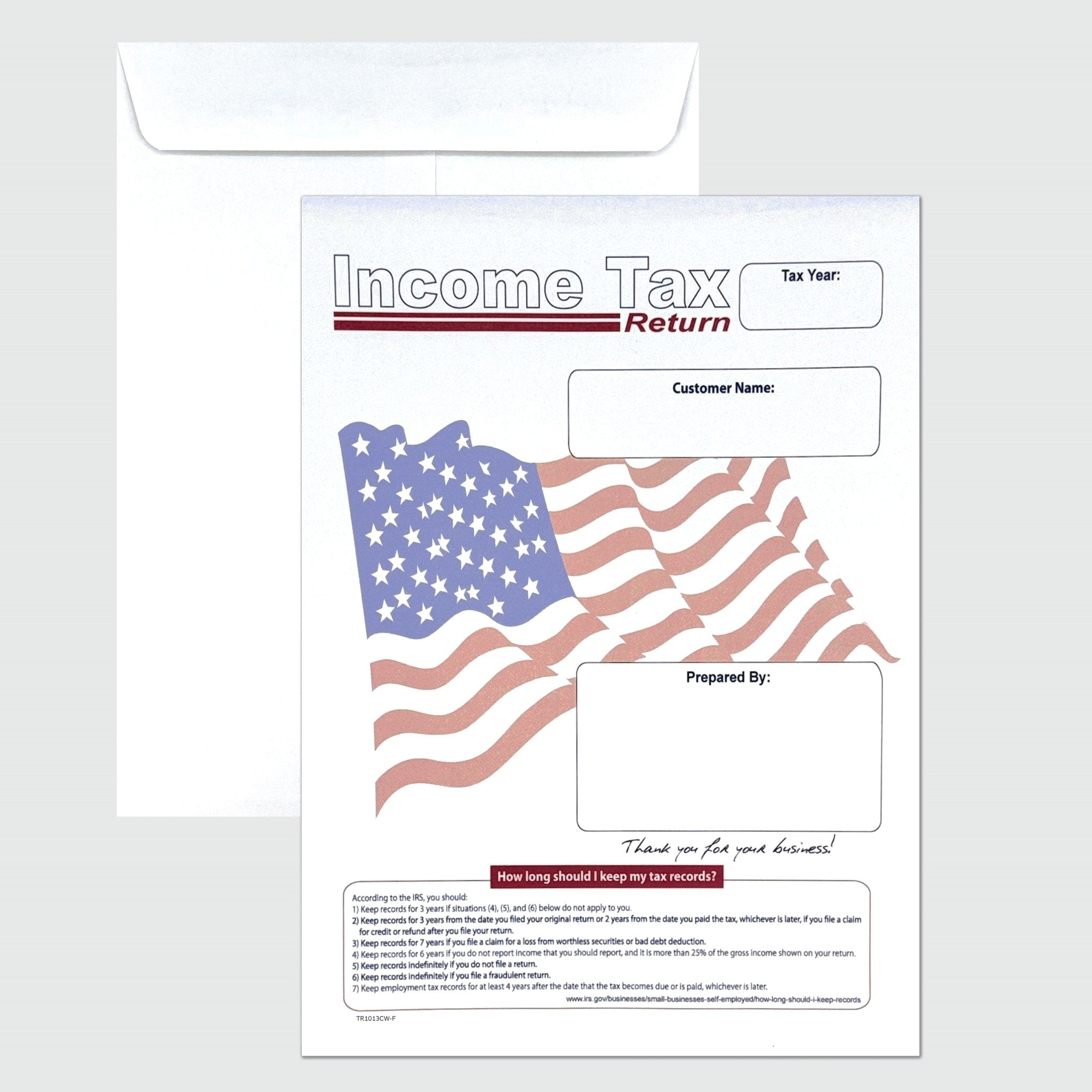 100 Income Tax Return Envelopes for Customers, 10" x 13", Heavy 28lb. White Paper, American Flag (TR1013CW/F) - Cashier Depot