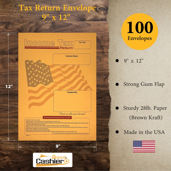 100 Income Tax Return Envelopes for Customers, 9" x 12", Heavy 28lb. Brown Kraft Paper, American Flag (TR912CK/F) - Cashier Depot