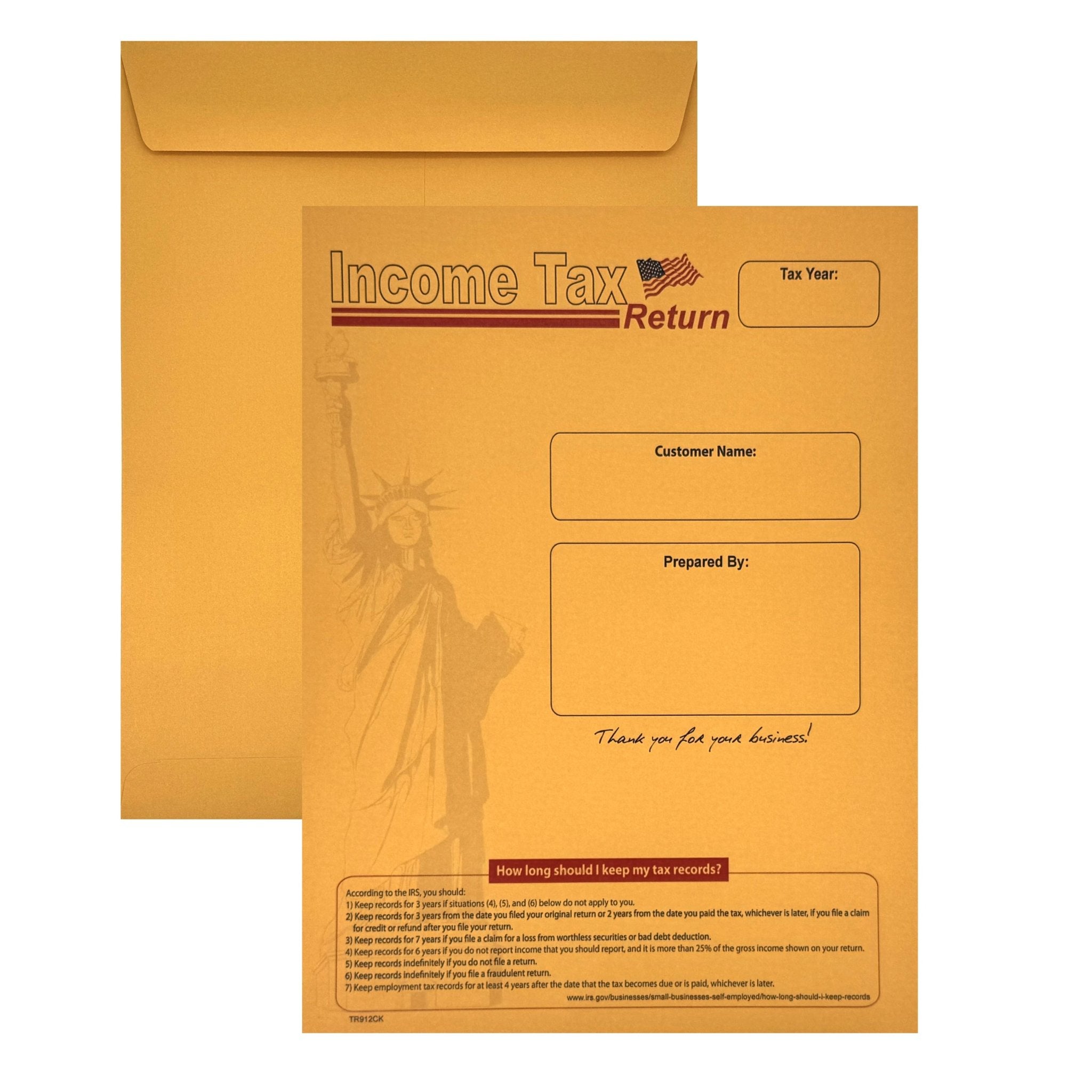 100 Income Tax Return Envelopes for Customers, 9" x 12", Heavy 28lb. Brown Kraft Paper, Lady Liberty (TR912CK/L) - Cashier Depot