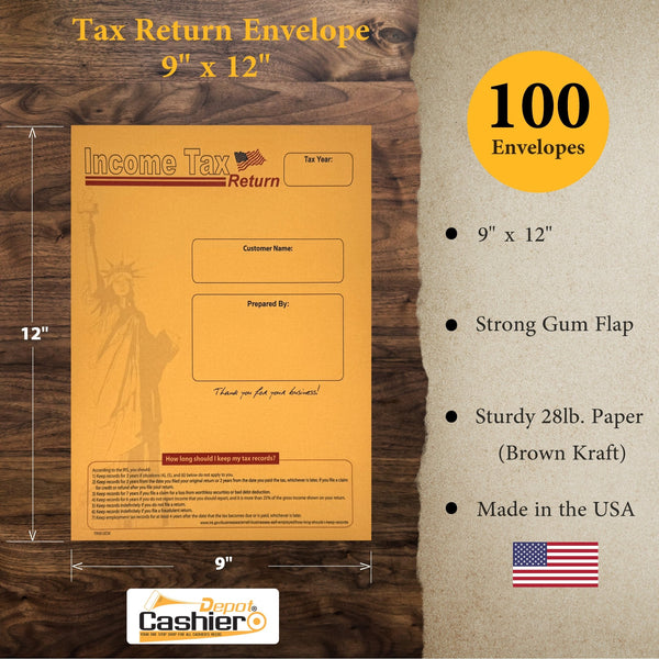 100 Income Tax Return Envelopes for Customers, 9" x 12", Heavy 28lb. Brown Kraft Paper, Lady Liberty (TR912CK/L) - Cashier Depot