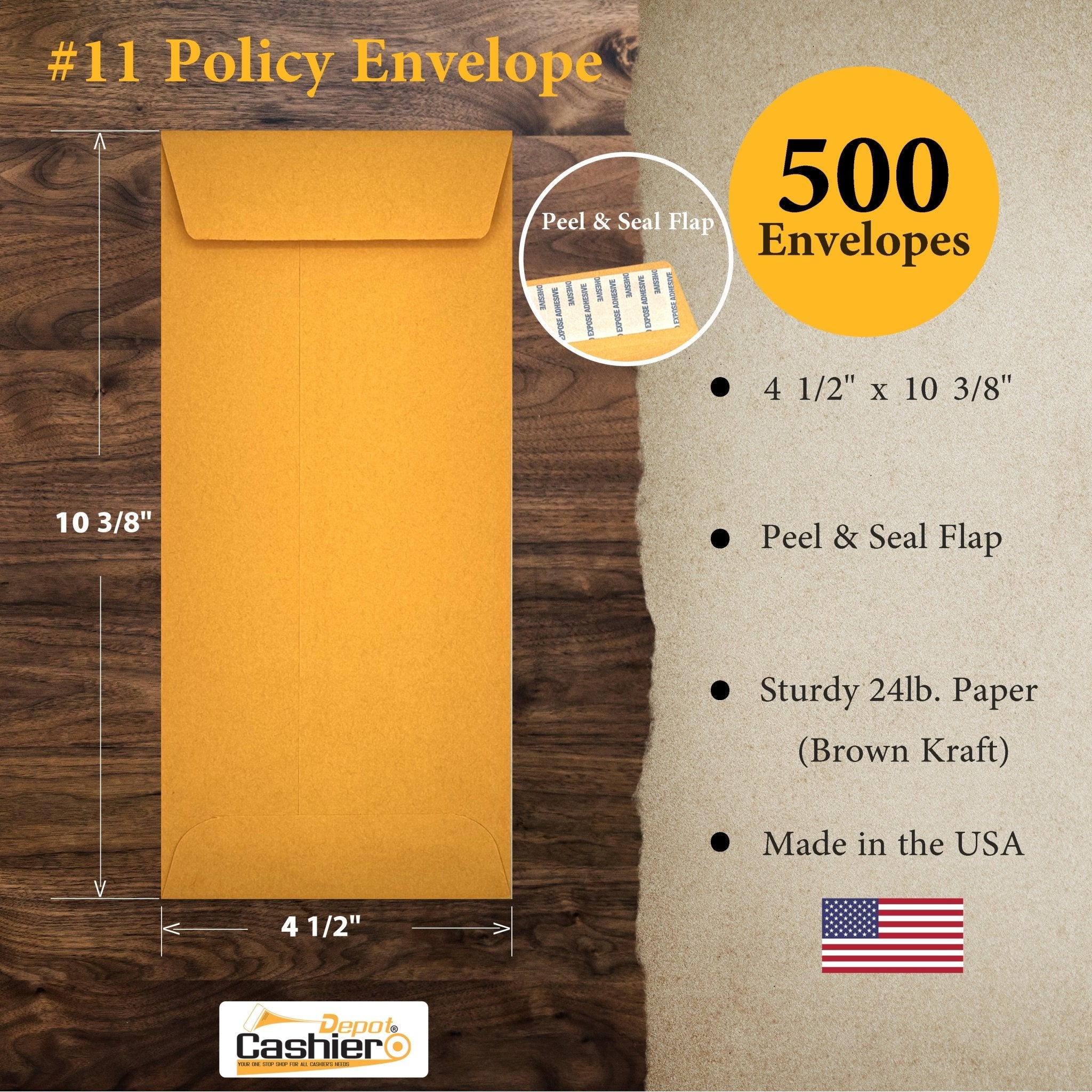 #11 Policy Envelope (Open End), 4 1/2 x 10 3/8, Sturdy 24lb. Brown Kraft, Peel & Seal Flap - Cashier Depot