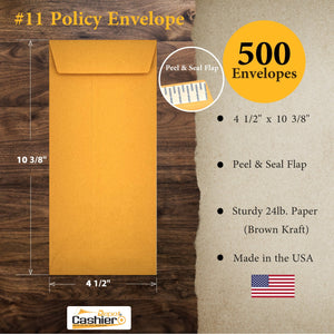 #11 Policy Envelope (Open End), 4 1/2 x 10 3/8, Sturdy 24lb. Brown Kraft, Peel & Seal Flap - Cashier Depot