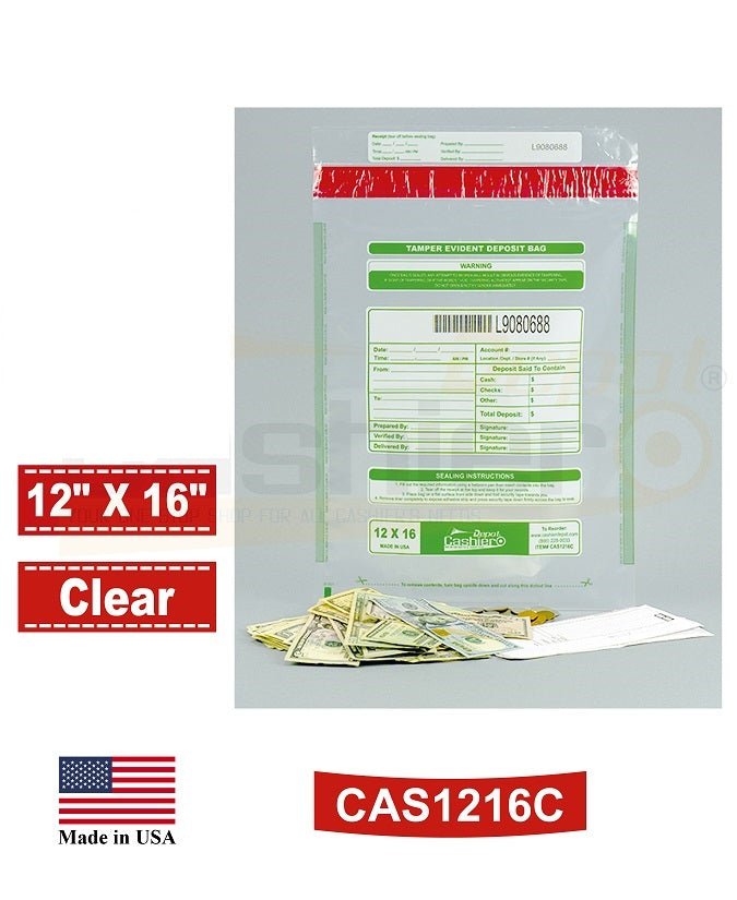 12" x 16" Clear Tamper Evident Deposit Bags – Perforated Tear - Off Receipt, Detailed Printed Form, Serialized Numbering, Barcode, Press & Seal VOID Closure Tape (CAS1216C) - Cashier Depot