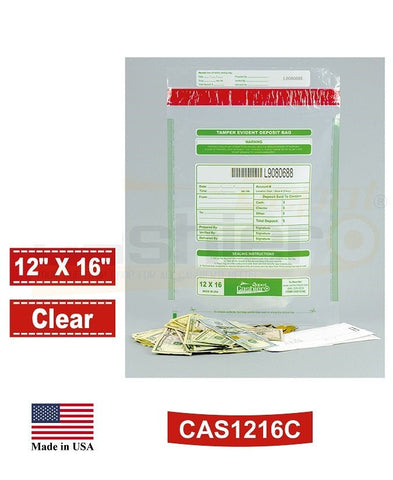 12" x 16" Clear Tamper Evident Deposit Bags – Perforated Tear - Off Receipt, Detailed Printed Form, Serialized Numbering, Barcode, Press & Seal VOID Closure Tape (CAS1216C) - Cashier Depot