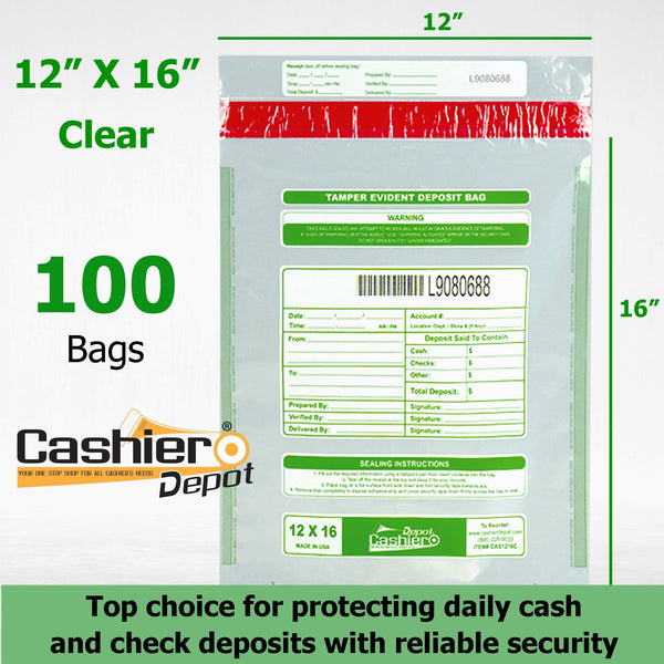 12" x 16" Clear Tamper Evident Deposit Bags – Perforated Tear - Off Receipt, Detailed Printed Form, Serialized Numbering, Barcode, Press & Seal VOID Closure Tape (CAS1216C) - Cashier Depot