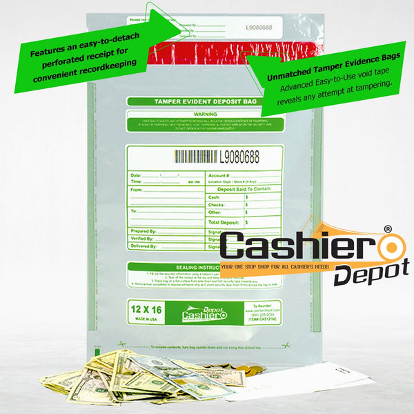 12" x 16" Clear Tamper Evident Deposit Bags – Perforated Tear - Off Receipt, Detailed Printed Form, Serialized Numbering, Barcode, Press & Seal VOID Closure Tape (CAS1216C) - Cashier Depot