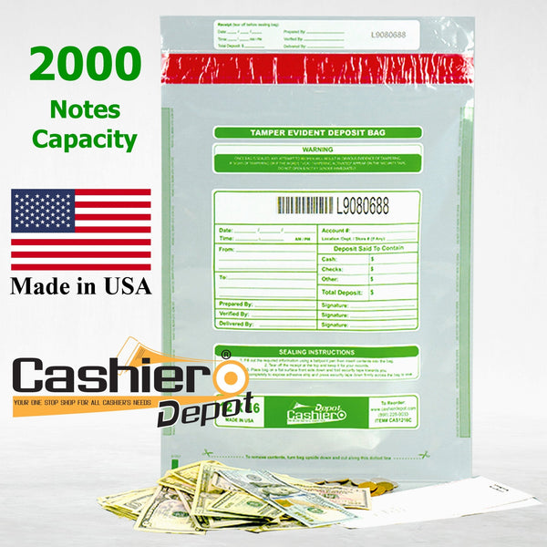 12" x 16" Clear Tamper Evident Deposit Bags – Perforated Tear - Off Receipt, Detailed Printed Form, Serialized Numbering, Barcode, Press & Seal VOID Closure Tape (CAS1216C) - Cashier Depot
