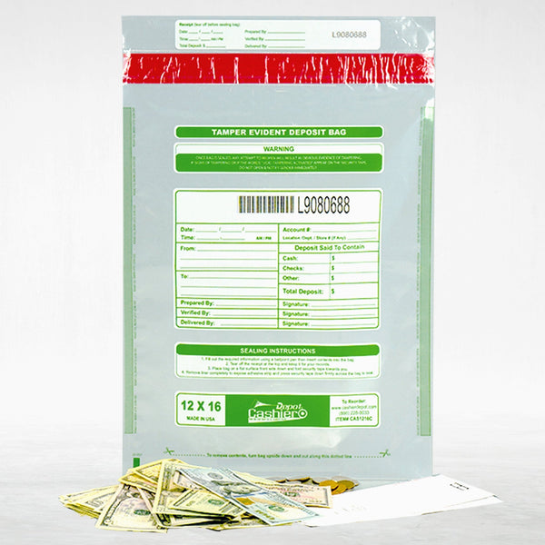 12" x 16" Clear Tamper Evident Deposit Bags – Perforated Tear - Off Receipt, Detailed Printed Form, Serialized Numbering, Barcode, Press & Seal VOID Closure Tape (CAS1216C) - Cashier Depot