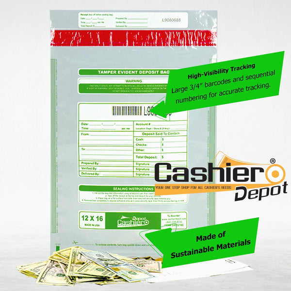 12" x 16" Clear Tamper Evident Deposit Bags – Perforated Tear-Off Receipt, Detailed Printed Form, Serialized Numbering, Barcode, Press & Seal VOID Closure Tape (CAS1216C) - Cashier Depot