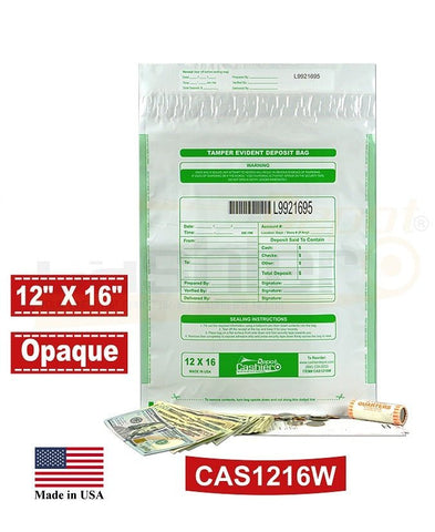 12" x 16" Opaque White Tamper Evident Deposit Bags – Perforated Tear - Off Receipt, Detailed Printed Form, Serialized Numbering, Barcode, Press & Seal VOID Closure Tape (CAS1216W) - Cashier Depot