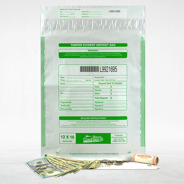 12" x 16" Opaque White Tamper Evident Deposit Bags – Perforated Tear - Off Receipt, Detailed Printed Form, Serialized Numbering, Barcode, Press & Seal VOID Closure Tape (CAS1216W) - Cashier Depot