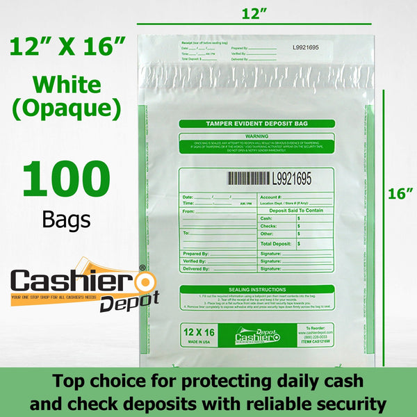 12" x 16" Opaque White Tamper Evident Deposit Bags – Perforated Tear - Off Receipt, Detailed Printed Form, Serialized Numbering, Barcode, Press & Seal VOID Closure Tape (CAS1216W) - Cashier Depot