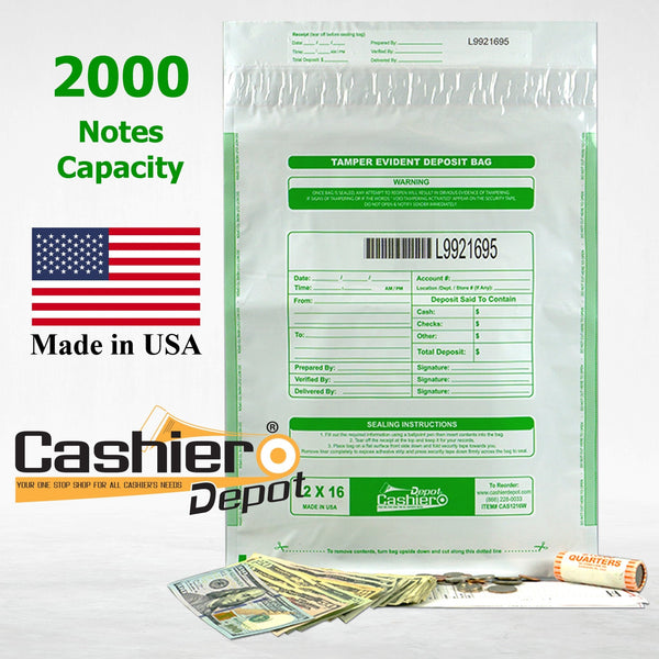 12" x 16" Opaque White Tamper Evident Deposit Bags – Perforated Tear - Off Receipt, Detailed Printed Form, Serialized Numbering, Barcode, Press & Seal VOID Closure Tape (CAS1216W) - Cashier Depot