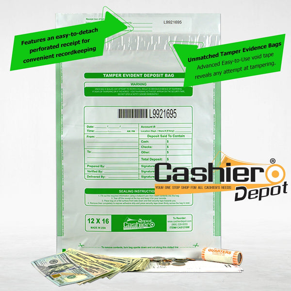 12" x 16" Opaque White Tamper Evident Deposit Bags – Perforated Tear - Off Receipt, Detailed Printed Form, Serialized Numbering, Barcode, Press & Seal VOID Closure Tape (CAS1216W) - Cashier Depot
