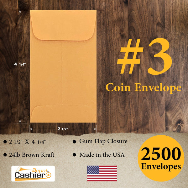 #3 Coin Envelopes, 2-1/2" X 4-1/4", Gum Flap, 24lb. Brown Kraft - Cashier Depot