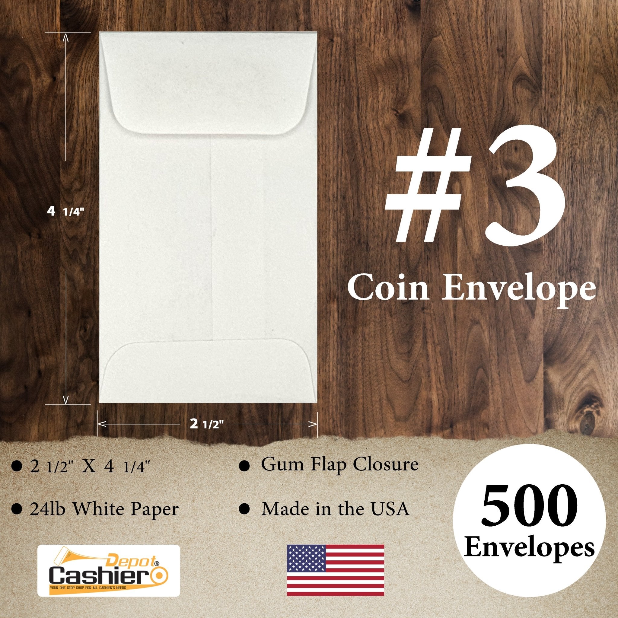 #3 Coin Envelopes, 2-1/2" X 4-1/4", Gum Flap, Sturdy 24lb. White Paper - Cashier Depot
