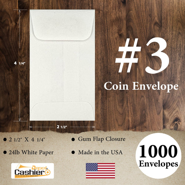 #3 Coin Envelopes, 2-1/2" X 4-1/4", Gum Flap, Sturdy 24lb. White Paper - Cashier Depot