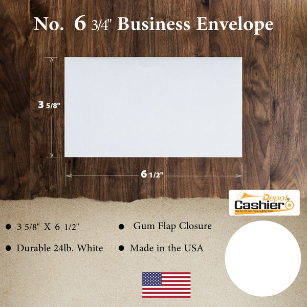 6 3/4 Business Envelopes, 3 5/8" x 6 1/2", 24lb White Wove, Gummed Seal, Standard Security Mailing Envelopes for Letters, Invoices & Checks (BE634G) - Cashier Depot