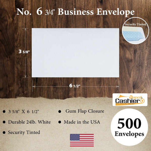 6 3/4 Business Envelopes – 3 5/8" x 6 1/2" – Security Tinted – 24lb White Wove – 500/Box – Professional Mailing & Office Use (GF634T) - Cashier Depot