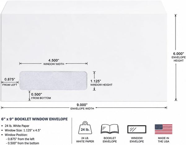 6" x 9" Booklet Envelopes, Left Window, Sturdy 24 lb. White Wove, Strong Gum Flap, Open Side (GF69LWW) - Cashier Depot