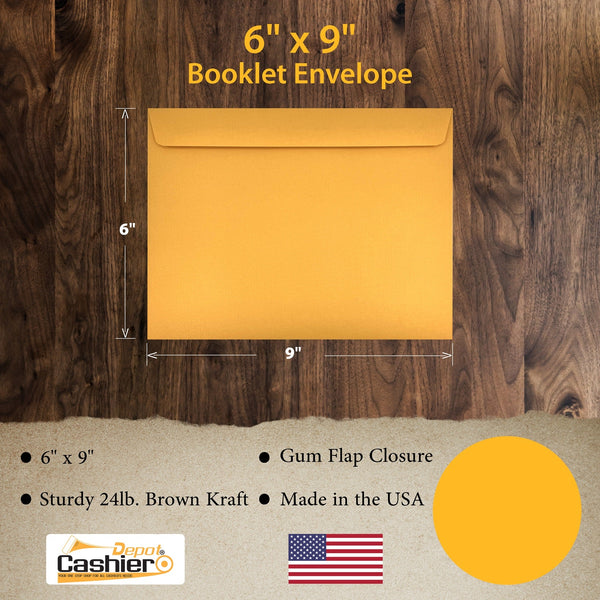 6" x 9" Booklet Envelopes, Sturdy 24 lb. Brown Kraft, Strong Gum Flap, Open Side (GF69NK) - Cashier Depot