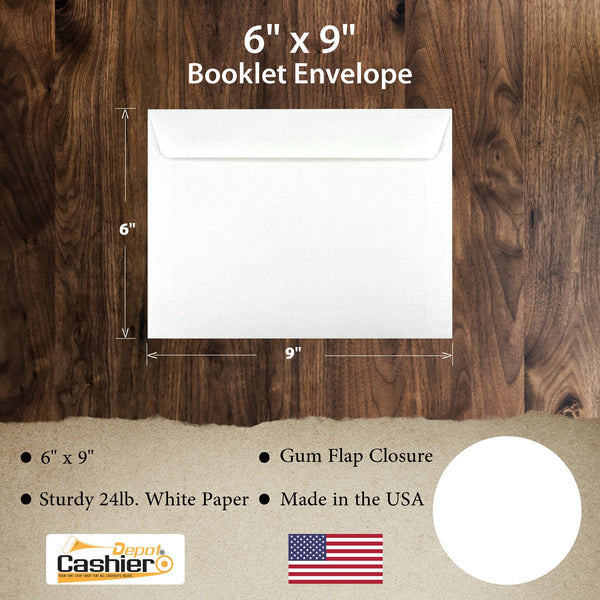 6" x 9" Booklet Envelopes, Sturdy 24 lb. White Wove, Strong Gum Flap, Open Side (GF69NW) - Cashier Depot
