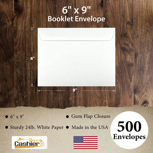 6" x 9" Booklet Envelopes, Sturdy 24lb. White, Gum Flap - Cashier Depot