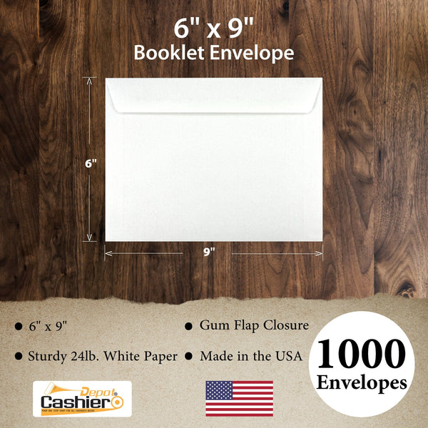 6" x 9" Booklet Envelopes, Sturdy 24lb. White, Gum Flap - Cashier Depot