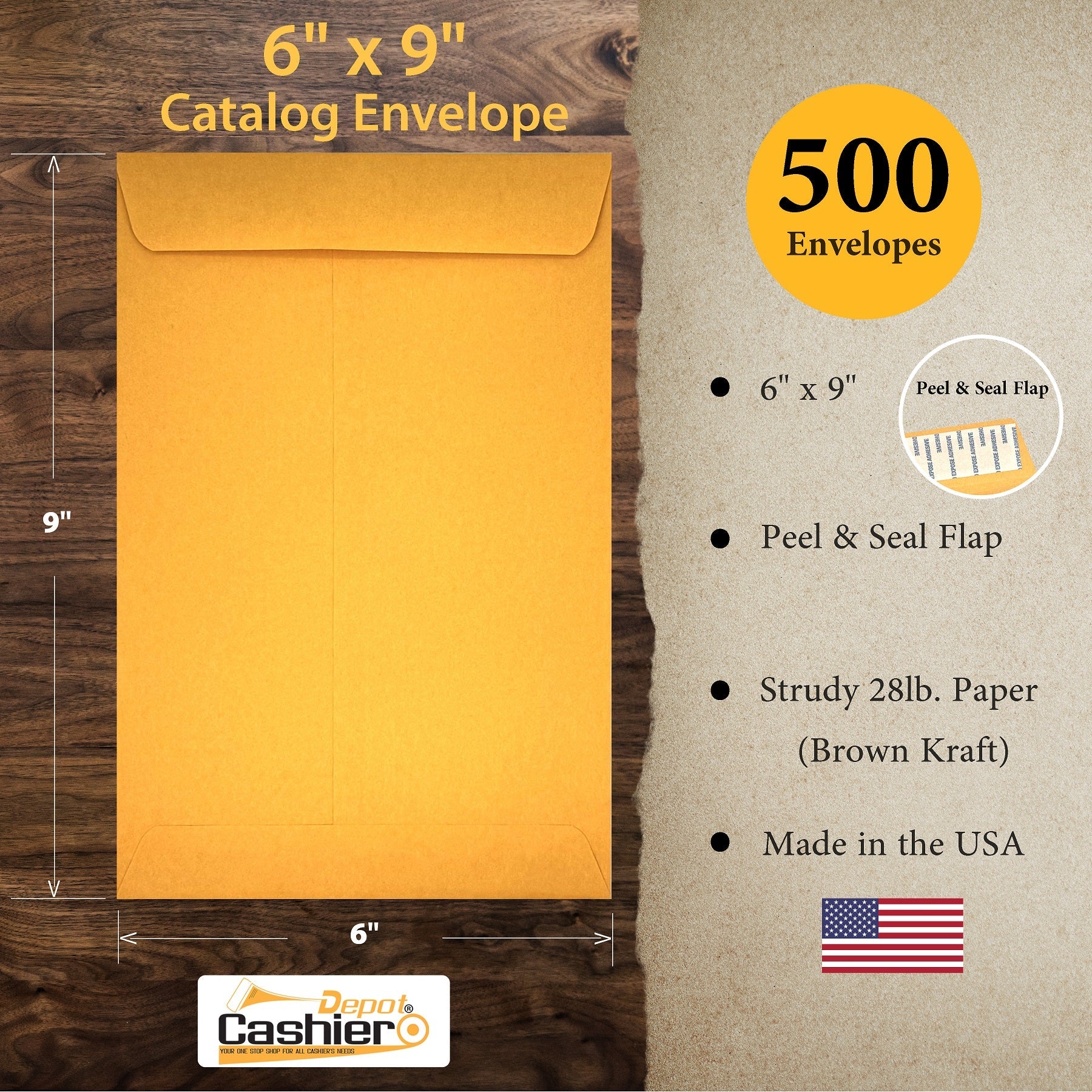 6" x 9" Catalog Envelopes – Open End – Sturdy 28lb Kraft – Peel & Seal (SY695KS)