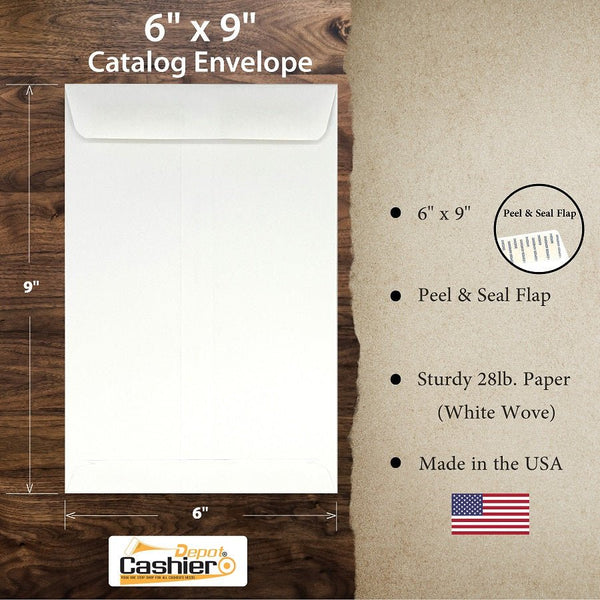 6" x 9" Catalog Envelopes – Open End – Sturdy 28lb White Wove – Peel & Seal – Professional Mailing & Document Storage (SY69WS) - Cashier Depot