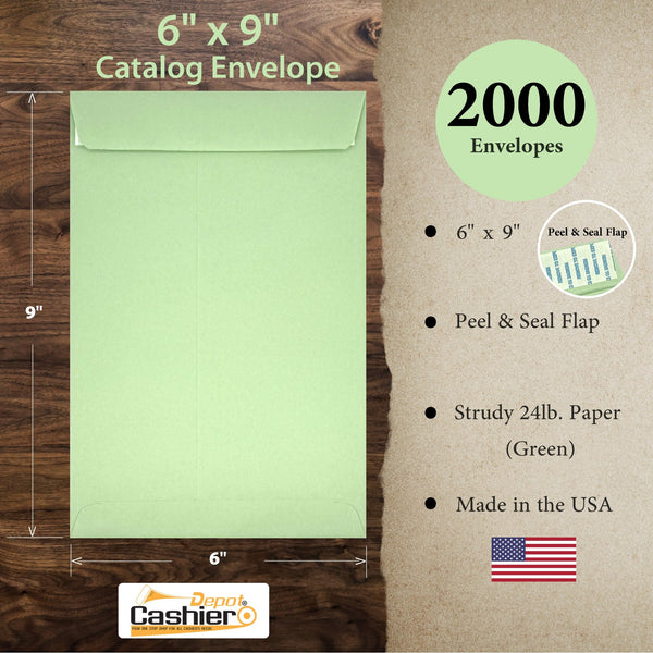 6" x 9" Catalog (Open End) Envelopes, Sturdy 24lb. Pastel Green, Peel & Seal Flap - Cashier Depot
