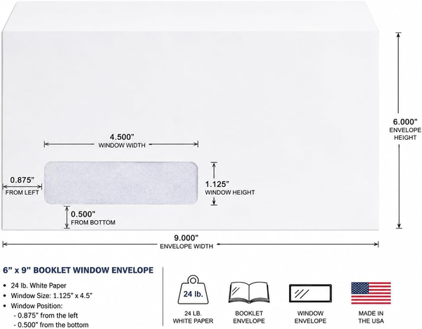 6" x 9" Booklet Envelopes, Left Window, Sturdy 24 lb. White Wove, Strong Gum Flap, Open Side (GF69LWW)